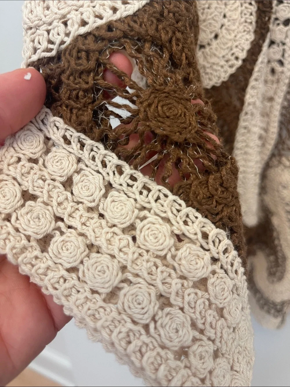 Cream & Brown Crochet Open Cardigan Sweater - Picture 5 of 8